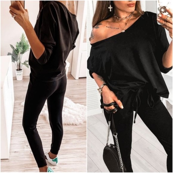 Pants - One shoulder 2 piece lounge set - BLACK
